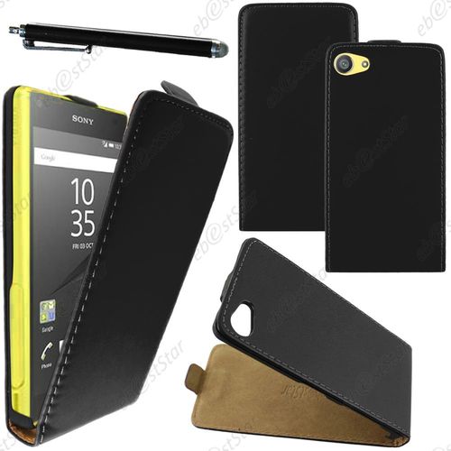 Ebeststar ® Housse Coque Etui En Pu Cuir À Rabat Ultra Fine (Slim Case) Pour Sony Xperia Z5 Compact, Couleur Noir + Stylet + 1 Film Protection D'écran + Lingette