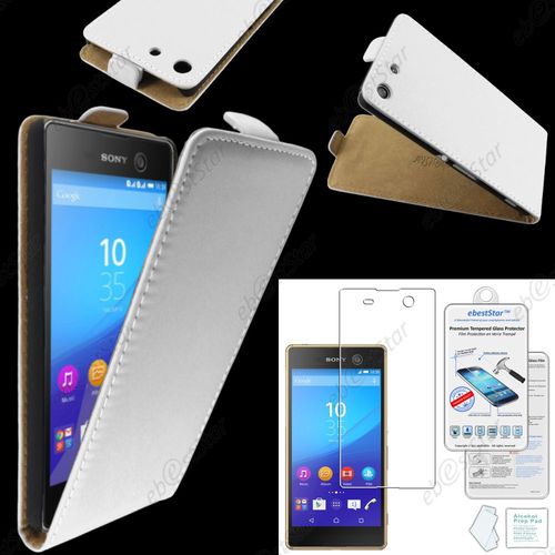 Ebeststar ® Pour Sony Xperia M5, M5 Dual Etui En Pu Cuir Clapet Ultra Fine Housse Coque, Couleur Blanc + Film Verre Trempé