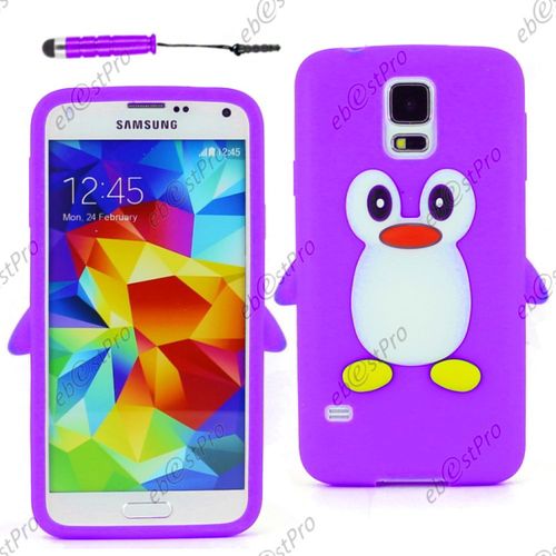Ebeststar ® Etui Housse Coque Pingouin Silicone Souple Design Fun Pour Samsung Galaxy S5 Sm-G900f, G900, G900h, Couleur Violet + Mini Stylet + 1 Film Protection D'écran + Lingette
