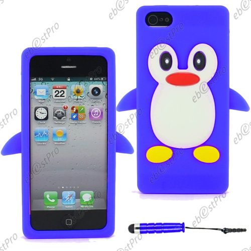 Ebeststar ® Etui Housse Coque Pingouin Silicone Souple Design Fun Pour Apple Iphone 5s, 5, Couleur Bleu + Mini Stylet + 1 Film Protection D'écran + Lingette