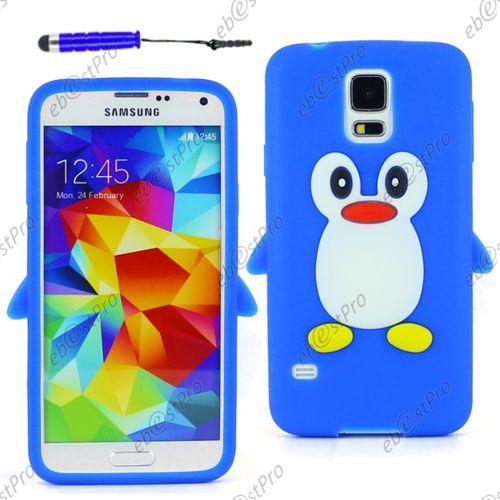 Ebeststar ® Etui Housse Coque Pingouin Silicone Souple Design Fun Pour Samsung Galaxy S5 Sm-G900f, G900, G900h, Couleur Bleu + Mini Stylet + 1 Film Protection D'écran + Lingette