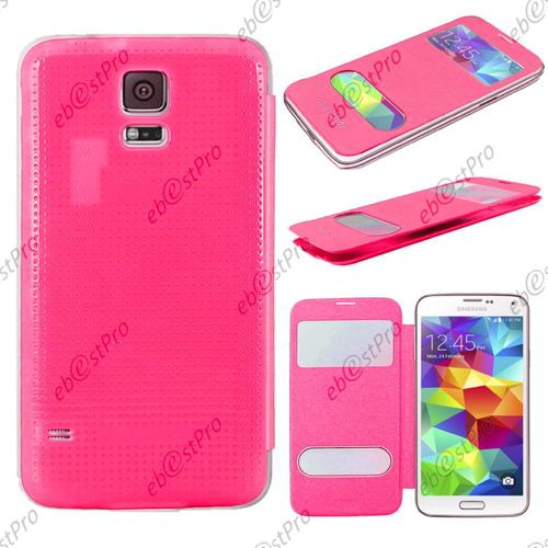 Ebeststar ® Pour Samsung Galaxy S5 Sm-G900f, G900, G900h Housse Pochette Protection Coque Type S-View Portefeuille Livre, Couleur Rose + 1 Film Protection D'écran + Lingette