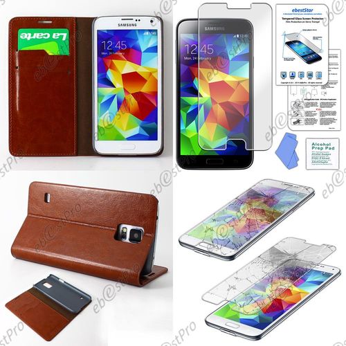 Ebeststar ® Pour Samsung Galaxy S5 Sm-G900f, G900, G900h Etui Portefeuille Housse Coque Protection Folio, Couleur Marron + Film Verre Trempé
