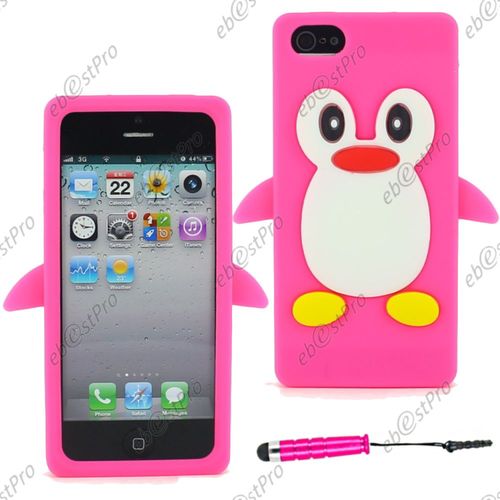 Ebeststar ® Etui Housse Coque Pingouin Silicone Souple Design Fun Pour Apple Iphone 5s, 5, Couleur Rose + Mini Stylet + 1 Film Protection D'écran + Lingette