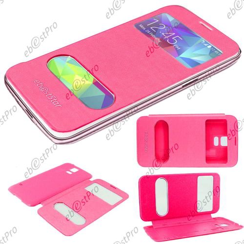 Ebeststar ® Housse Pochette Protection Coque Etui Type S-View Pour Samsung Galaxy S5 Sm-G900f, G900, G900h, Couleur Rose + 1 Film Protection D'écran + Lingette