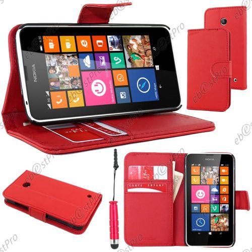 Ebeststar ® Housse Coque Etui Portefeuille Support Folio Simi Cuir Pour Nokia Lumia 630, Couleur Rouge + Mini Stylet + 1 Film Protection D'écran + Lingette