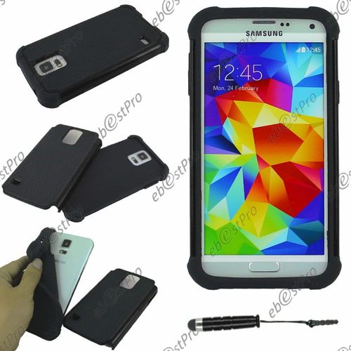 Ebeststar ® Coque Duo Bi-Couches En Silicone Et Polycarbonate Etui Housse Pour Samsung Galaxy S5 Sm-G900f, G900, G900h, Couleur Noir + Mini Stylet + 1 Film Protection D'écran + Lingette