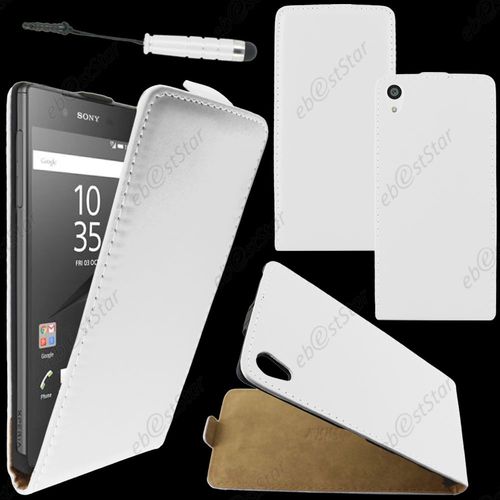 Ebeststar ® Housse Coque Etui En Pu Cuir À Rabat Ultra Fine (Slim Case) Pour Sony Xperia Z5, Z5 Dual, Couleur Blanc + Mini Stylet + 1 Film Protection D'écran + Lingette