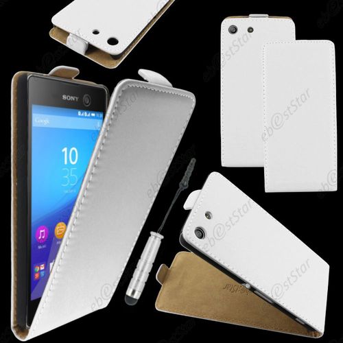 Ebeststar ® Housse Coque Etui En Pu Cuir À Rabat Ultra Fine (Slim Case) Pour Sony Xperia M5, M5 Dual, Couleur Blanc + Mini Stylet + 1 Film Protection D'écran + Lingette