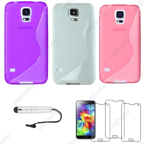 Ebeststar ® Lot X3 Housse Etui Coque Silicone Gel Motif S-Line Protection Souple Pour Samsung Galaxy S5 Sm-G900f, G900, G900h, Couleur Violet, Noir, Rose + Mini Stylet 3 Film