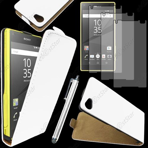 Ebeststar ® Housse Coque Etui En Pu Cuir À Rabat Ultra Fine (Slim Case) Pour Sony Xperia Z5 Compact, Couleur Blanc + Stylet 3 Film