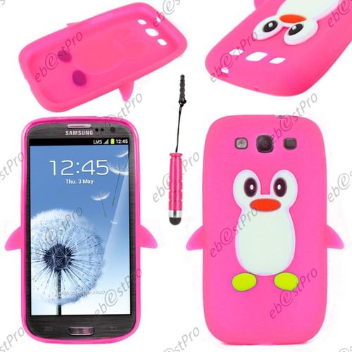 Ebeststar ® Etui Housse Coque Pingouin Silicone Souple Design Fun Pour Samsung Galaxy S3 I9300 I9305, Couleur Rose + Mini Stylet + 1 Film Protection D'écran + Lingette