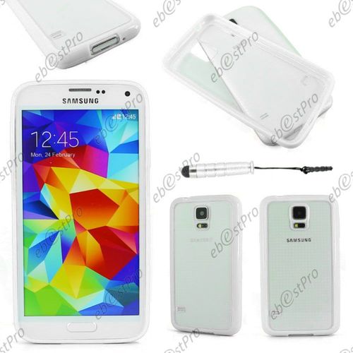 Ebeststar ® Coque Hybride Rigide Crystale Avec Contour Bumper Silicone Gel Pour Samsung Galaxy S5 Sm-G900f, G900, G900h, Couleur Blanc + Mini Stylet + 1 Film Protection D'écran + Lingette