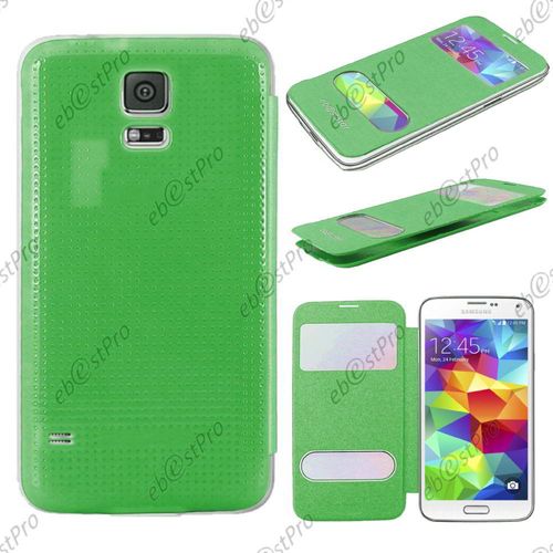 Ebeststar ® Pour Samsung Galaxy S5 Sm-G900f, G900, G900h Housse Pochette Protection Coque Type S-View Portefeuille Livre, Couleur Vert + 1 Film Protection D'écran + Lingette