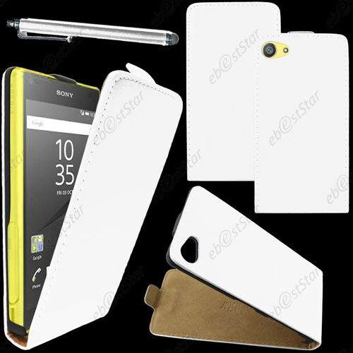Ebeststar ® Housse Coque Etui En Pu Cuir À Rabat Ultra Fine (Slim Case) Pour Sony Xperia Z5 Compact, Couleur Blanc + Stylet + 1 Film Protection D'écran + Lingette