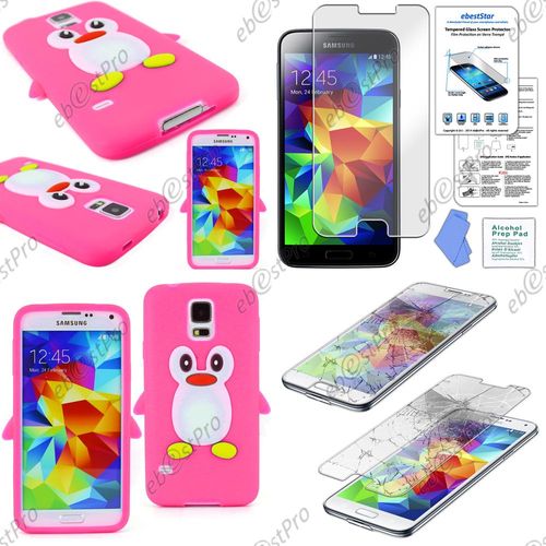 Ebeststar ® Etui Housse Coque Pingouin Silicone Souple Design Fun Pour Samsung Galaxy S5 Sm-G900f, G900, G900h, Couleur Rose + Film Verre Trempé