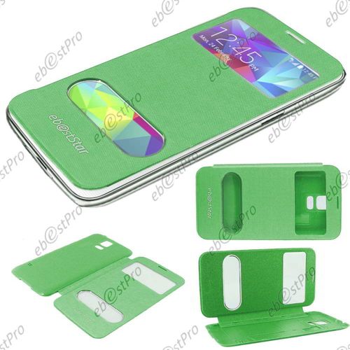 Ebeststar ® Housse Pochette Protection Coque Etui Type S-View Pour Samsung Galaxy S5 Sm-G900f, G900, G900h, Couleur Vert + 1 Film Protection D'écran + Lingette