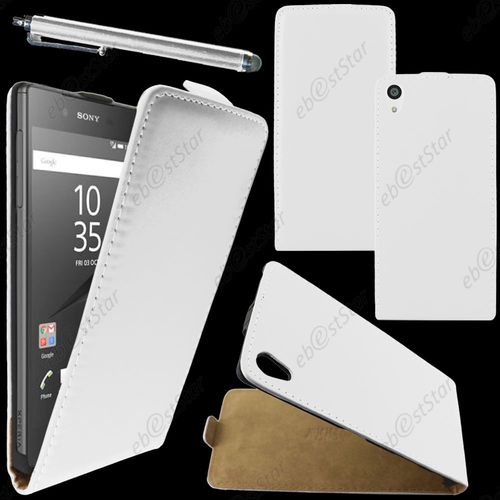 Ebeststar ® Housse Coque Etui En Pu Cuir À Rabat Ultra Fine (Slim Case) Pour Sony Xperia Z5, Z5 Dual, Couleur Blanc + Stylet + 1 Film Protection D'écran + Lingette