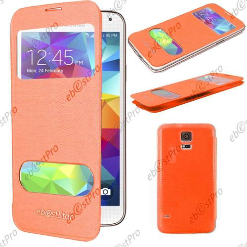 Ebeststar ® Housse Coque Etui Smart View Cover Type S-View Portefeuille Livre Pour Samsung Galaxy S5 Sm-G900f, G900, G900h, Couleur Orange + 1 Film Protection D'écran + Lingette