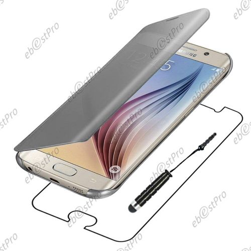 Ebeststar ® Housse Coque Etui View Clear Cover Miroir Pour Samsung Galaxy S6 Edge + Sm-G928f Edge Plus, Couleur Gris + Mini Stylet + 1 Film Protection D'écran + Lingette