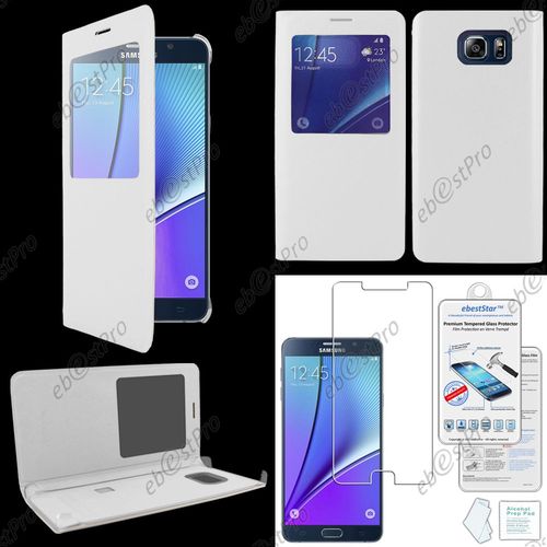 Ebeststar ® Housse Coque Etui Smart View Type S-View Portefeuille Pour Samsung Galaxy Note5 Sm-N920f Note 5, Couleur Blanc + Film Verre Trempé