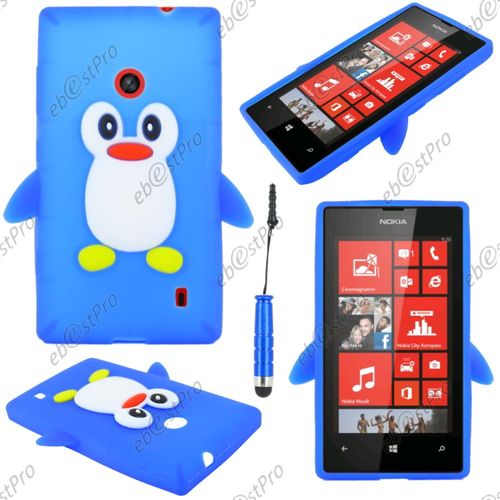 Ebeststar ® Etui Housse Coque Pingouin Silicone Souple Design Fun Pour Nokia Lumia 520, Couleur Bleu + Mini Stylet + 1 Film Protection D'écran + Lingette