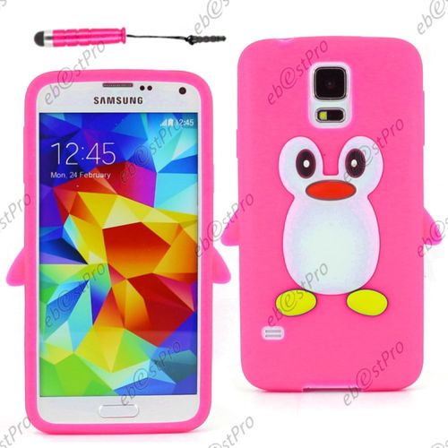 Ebeststar ® Etui Housse Coque Pingouin Silicone Souple Design Fun Pour Samsung Galaxy S5 Sm-G900f, G900, G900h, Couleur Rose + Mini Stylet + 1 Film Protection D'écran + Lingette