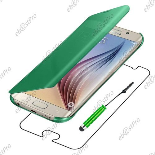 Ebeststar ® Housse Coque Etui View Clear Cover Miroir Pour Samsung Galaxy S6 Edge + Sm-G928f Edge Plus, Couleur Vert + Mini Stylet + 1 Film Protection D'écran + Lingette