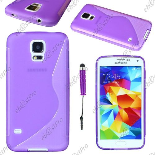 Ebeststar ® Housse Etui Coque Silicone Gel Motif S-Line Protection Souple Pour Samsung Galaxy S5 Sm-G900f, G900, G900h, Couleur Violet + Mini Stylet + 1 Film Protection D'écran + Lingette