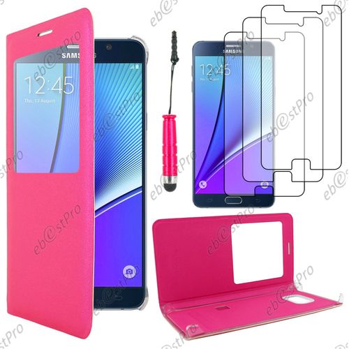 Ebeststar ® Housse Coque Etui Smart View Type S-View Portefeuille Pour Samsung Galaxy Note5 Sm-N920f Note 5, Couleur Rose + Mini Stylet 3 Film