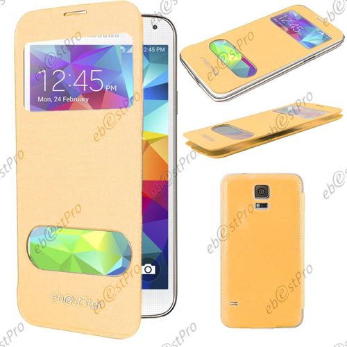 Ebeststar ® Housse Coque Etui Smart View Cover Type S-View Portefeuille Livre Pour Samsung Galaxy S5 Sm-G900f, G900, G900h, Couleur Jaune + 1 Film Protection D'écran + Lingette