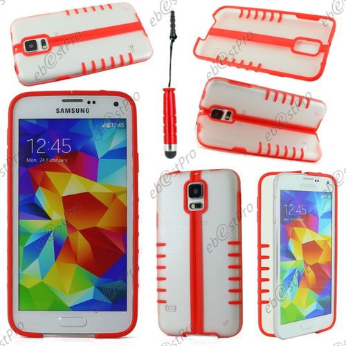 Ebeststar ® Coque Pliable Hybride Rigide Cristal - Silicone Gel Tpu Support Pour Samsung Galaxy S5 Sm-G900f, G900, G900h, Couleur Rouge + Mini Stylet + 1 Film Protection D'écran + Lingette