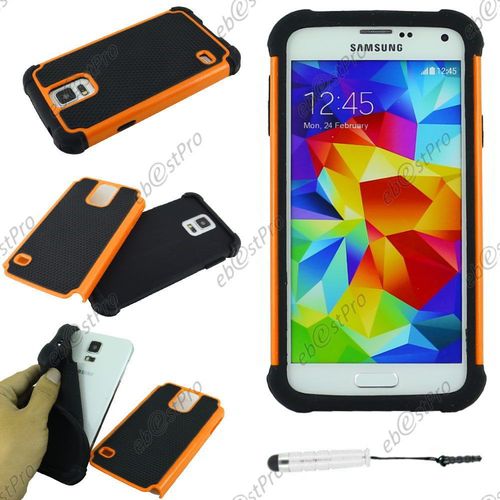 Ebeststar ® Coque Duo Bi-Couches En Silicone Et Polycarbonate Etui Housse Pour Samsung Galaxy S5 Sm-G900f, G900, G900h, Couleur Orange + Mini Stylet + 1 Film Protection D'écran + Lingette