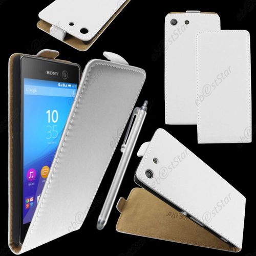 Ebeststar ® Housse Coque Etui En Pu Cuir À Rabat Ultra Fine (Slim Case) Pour Sony Xperia M5, M5 Dual, Couleur Blanc + Stylet + 1 Film Protection D'écran + Lingette