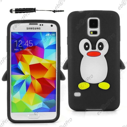 Ebeststar ® Etui Housse Coque Pingouin Silicone Souple Design Fun Pour Samsung Galaxy S5 Sm-G900f, G900, G900h, Couleur Noir + Mini Stylet + 1 Film Protection D'écran + Lingette