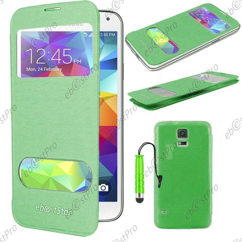 Ebeststar ® Housse Coque Etui Smart View Cover Type S-View Portefeuille Livre Pour Samsung Galaxy S5 Sm-G900f, G900, G900h, Couleur Vert + Mini Stylet + 1 Film Protection D'écran + Lingette
