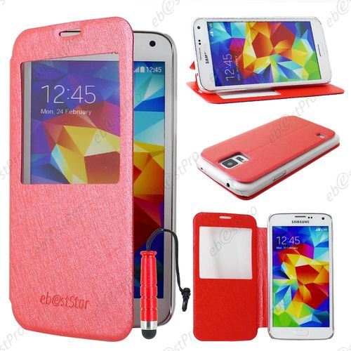 Ebeststar ® Coque Etui Flip View Cover Housse Portefeuille Grande Fenêtre Pour Samsung Galaxy S5 Sm-G900f, G900, G900h, Couleur Rouge + Mini Stylet + 1 Film Protection D'écran + Lingette