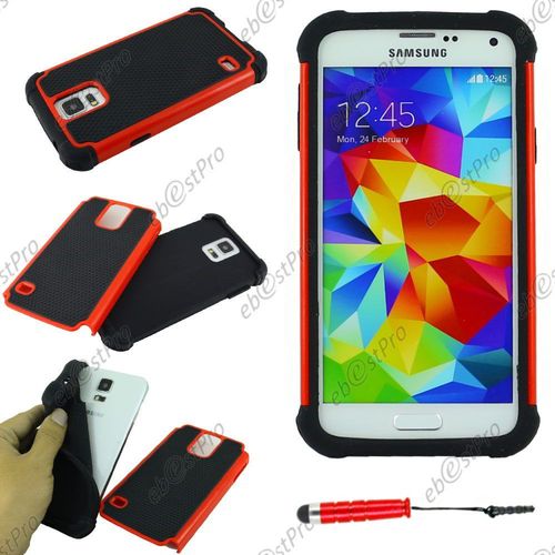 Ebeststar ® Coque Duo Bi-Couches En Silicone Et Polycarbonate Etui Housse Pour Samsung Galaxy S5 Sm-G900f, G900, G900h, Couleur Rouge + Mini Stylet + 1 Film Protection D'écran + Lingette
