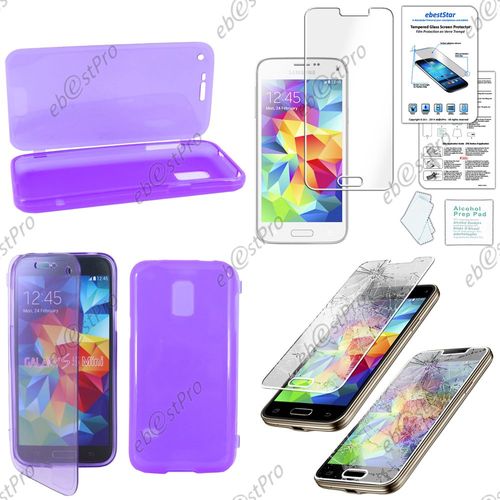 Ebeststar® Film Verre Trempé + Etui Portefeuille Rabattable Livre Housse Coque Silicone Gel Pour Samsung Galaxy S5 Mini Sm-G800 G800f G800h, Couleur Violet