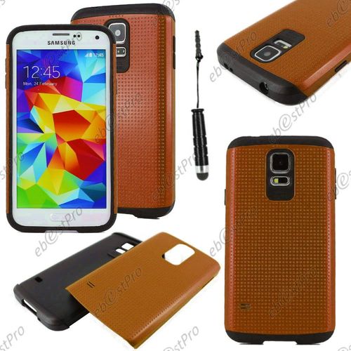 Ebeststar ® Coque Duo Bi-Couches En Silicone Et Polycarbonate Mesh Etui Housse Pour Samsung Galaxy S5 Sm-G900f, G900, G900h, Couleur Marron + Mini Stylet + 1 Film Protection D'écran + Lingette