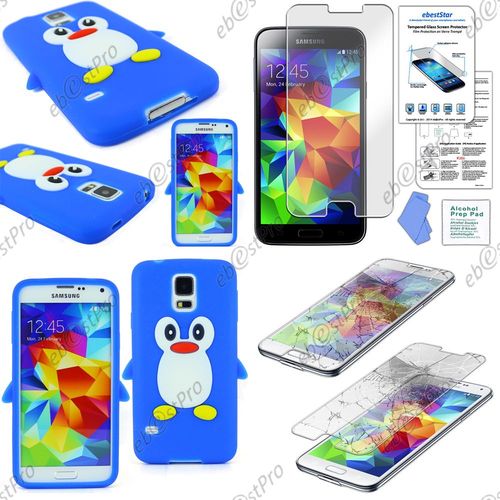 Ebeststar ® Etui Housse Coque Pingouin Silicone Souple Design Fun Pour Samsung Galaxy S5 Sm-G900f, G900, G900h, Couleur Bleu + Film Verre Trempé