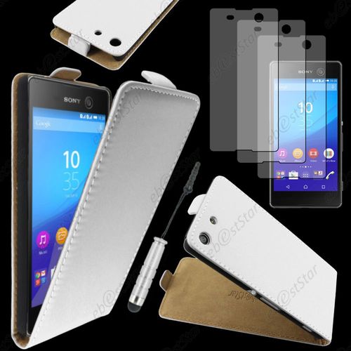 Ebeststar ® Housse Coque Etui En Pu Cuir À Rabat Ultra Fine (Slim Case) Pour Sony Xperia M5, M5 Dual, Couleur Blanc + Mini Stylet 3 Film