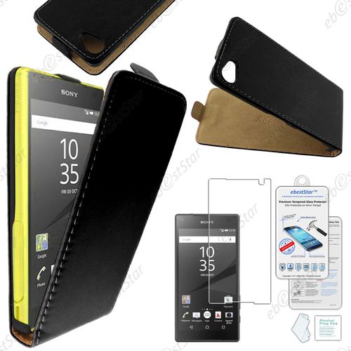 Ebeststar ® Housse Coque Etui En Pu Cuir À Rabat Ultra Fine (Slim Case) Pour Sony Xperia Z5 Compact, Couleur Noir + Film Verre Trempé