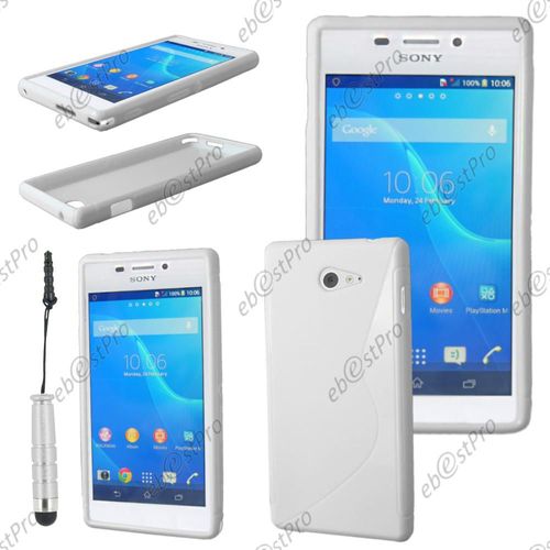 Ebeststar ® Housse Etui Coque Silicone Gel Motif S-Line Protection Souple Pour Sony Xperia M2 D2302 D2303, Couleur Blanc + Mini Stylet + 1 Film Protection D'écran + Lingette