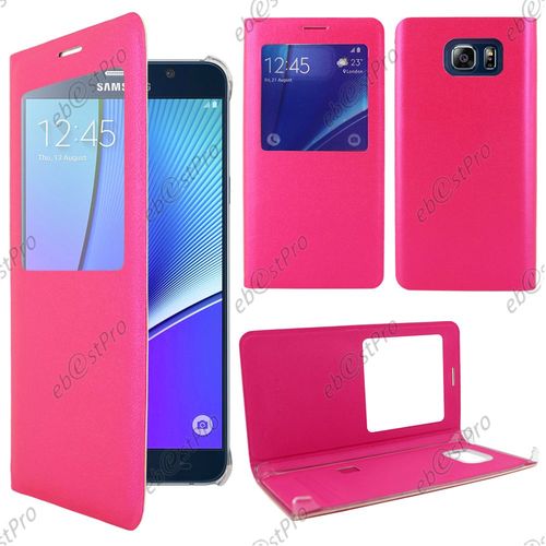 Ebeststar ® Housse Coque Etui Smart View Type S-View Portefeuille Pour Samsung Galaxy Note5 Sm-N920f Note 5, Couleur Rose + 1 Film Protection D'écran + Lingette
