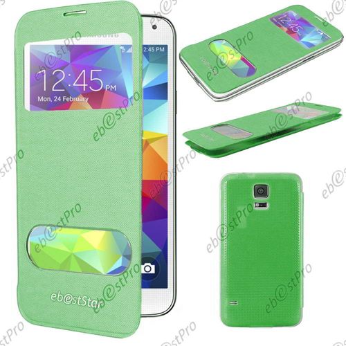 Ebeststar ® Housse Coque Etui Smart View Cover Type S-View Portefeuille Livre Pour Samsung Galaxy S5 Sm-G900f, G900, G900h, Couleur Vert + 1 Film Protection D'écran + Lingette