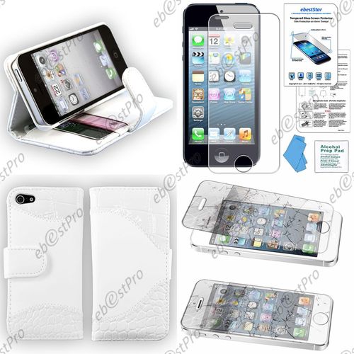 Ebeststar ® Pour Apple Iphone 5s, 5 Housse Portefeuille Simili Cuir Simulation Crocodile, Couleur Blanc + Film Verre Trempé
