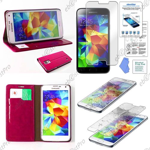 Ebeststar ® Housse Coque Etui Portefeuille Folio Book Livre Pu Cuir Pour Samsung Galaxy S5 Sm-G900f, G900, G900h, Couleur Rose + Film Verre Trempé