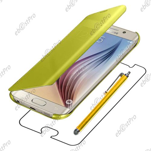 Ebeststar ® Housse Coque Etui View Clear Cover Miroir Pour Samsung Galaxy S6 Edge + Sm-G928f Edge Plus, Couleur Jaune + Stylet + 1 Film Protection D'écran + Lingette
