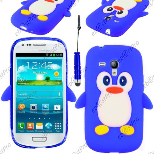 Ebeststar ® Etui Housse Coque Pingouin Silicone Souple Design Fun Pour Samsung Galaxy S3 Mini Gt-I8190, I8190n, Couleur Bleu + Mini Stylet + 1 Film Protection D'écran + Lingette
